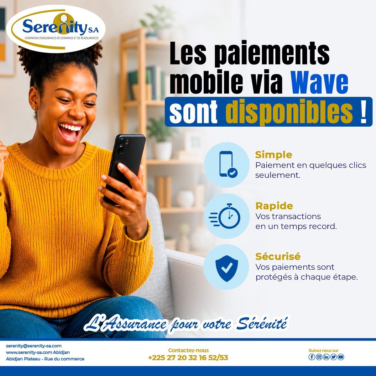 Paiement mobile via Wave disponible chez Serenity SA